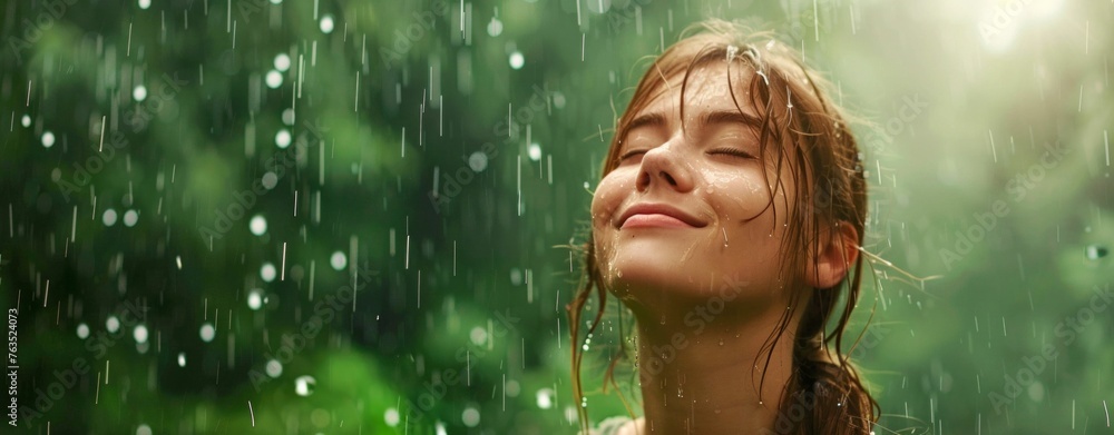 Woman Embracing the Serenity of Rain. Generative ai