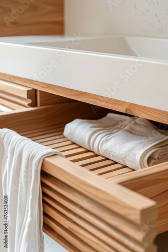 Modern Bathroom Vanity with Open Wooden Slats Drawer. Generative ai