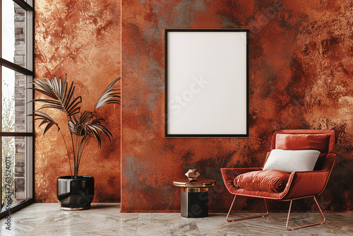 Positioned on a sleek copper wall, a sleek empty frame mockup merges contemporary aesthetics with timeless elegance. Its polished surface reflects the surrounding space,  © contributor  gallery