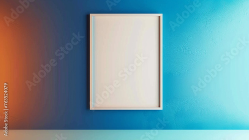 A blank frame mockup hanging against a gradient wall transitioning from deep ocean blue to sky blue © contributor  gallery