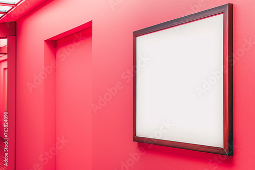 Suspended on a vibrant coral pink wall, an empty blank frame mockup inspires bold and vibrant artwork. Its vibrant hue creates a sense of excitement and energy  © contributor  gallery