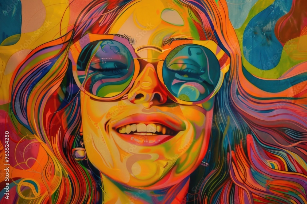 A colorful painting of a woman with sunglasses on a smiling face