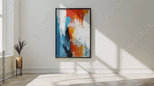 A minimalist frame mockup positioned on a wall featuring a mesmerizing abstract painting with bold strokes of contrasting colors © contributor  gallery