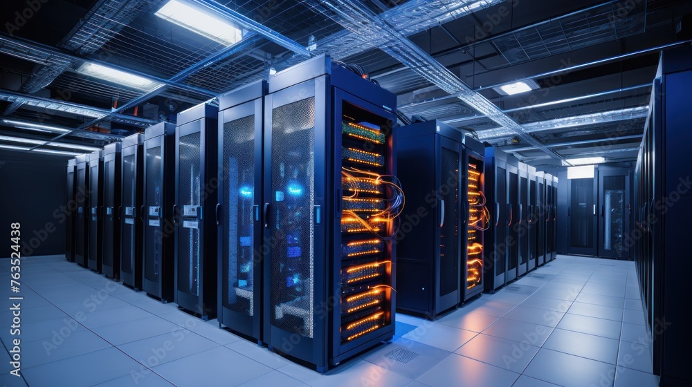 Depict a state of the art data center with rows of server racks, cooling systems, and redundant power supplies Depict a state of the art data center with rows of server racks, cooling systems, and redundant power supplies