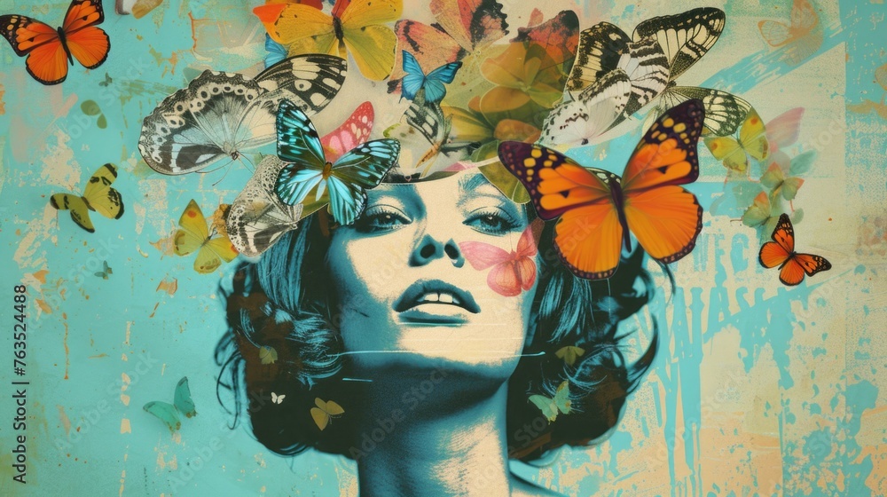 A woman's head is covered with butterflies