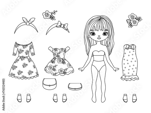 Paper doll clothes. Paper doll outline. Coloring page, Coloring book. Cute girl with clothes. Vector illustration isolated on white background. Dress up, cutouts, cut out. Fashion girl. Toy, game..