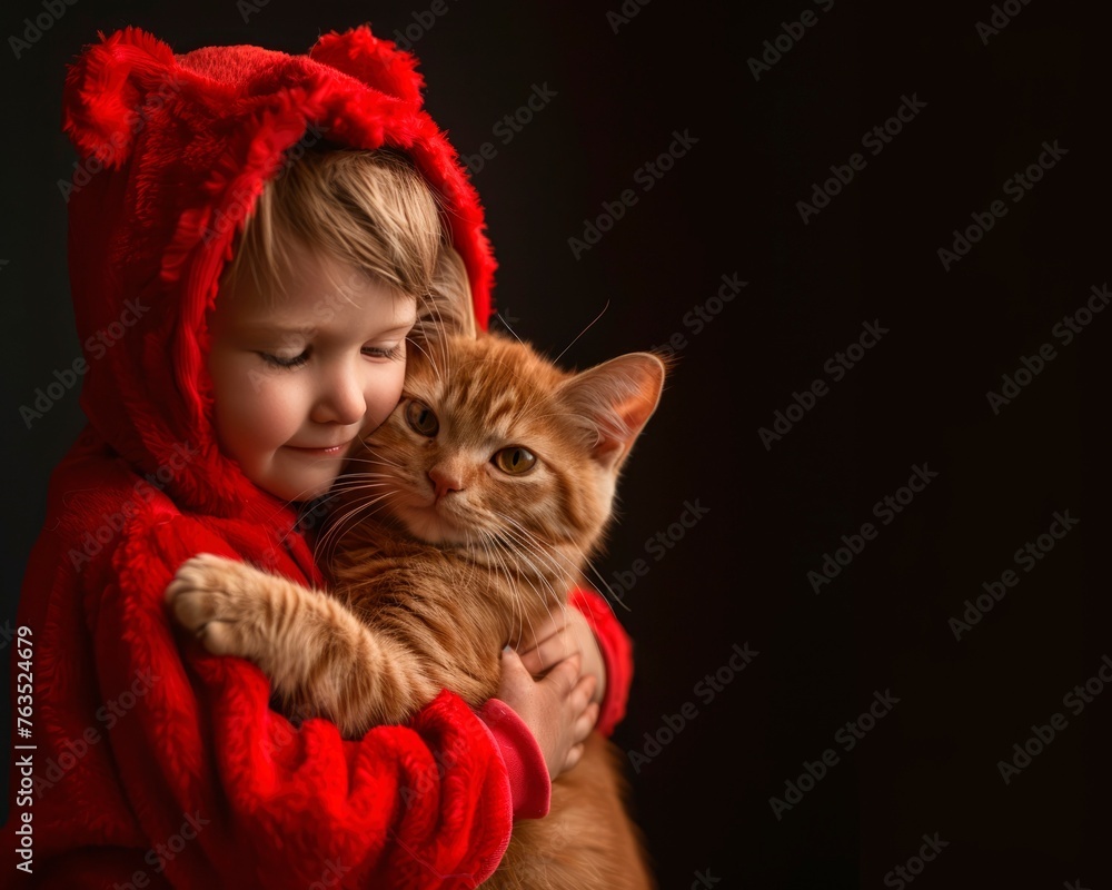 A child in a red hooded outfit gently embraces a ginger cat A child in a red hooded outfit gently embraces a ginger cat