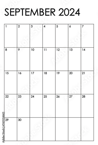 September 2024 month vertical calendar. Simple black and white design