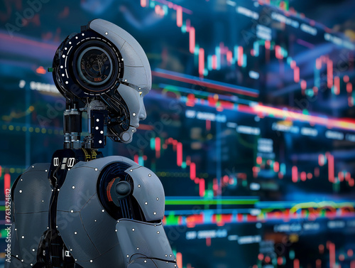 AI robot analyzing financial charts. Stock market illustration with an artificial intelligence focus.