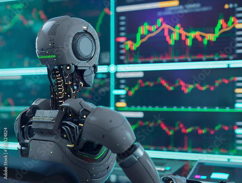 AI robot analyzing financial charts. Stock market illustration with an artificial intelligence focus.