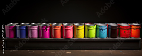 Color paint cans in row.