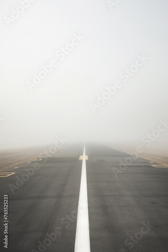 A foggy road with a white line down the middle