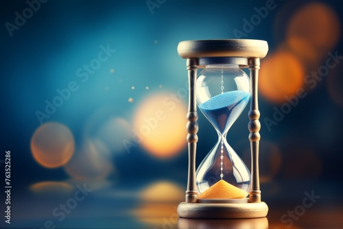 Hourglass with flowing sand on vibrant blue background, time passing concept for stock photo