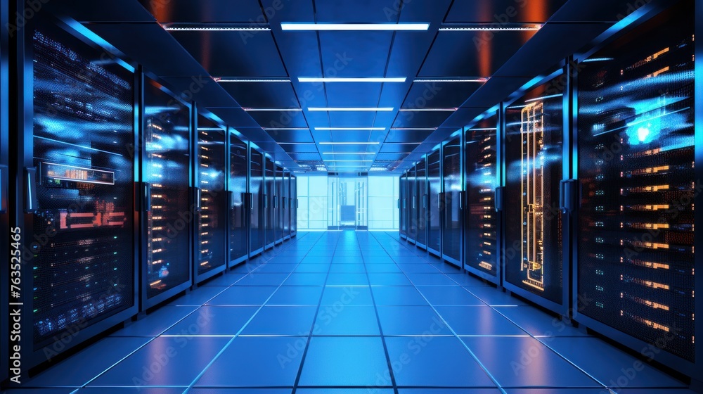 Fototapeta premium Depict a state of the art data center with rows of server racks, cooling systems, and redundant power supplies