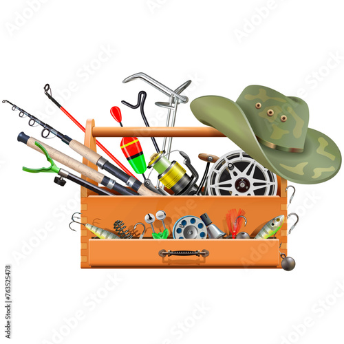 Vector Fishing Accessories with Wooden Crate