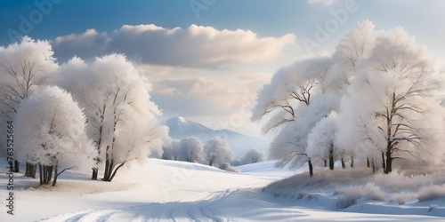 A serene winter landscape with snow-covered trees, generative AI © Zohaib