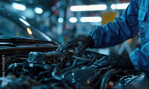 An auto mechanic working on car engine at garage workshop