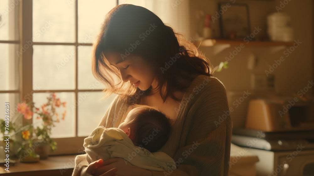 A contented Chinese mother looks at her sleeping baby with deep affection in a home filled with the soft light of a tranquil afternoon.
 - obrazy, fototapety, plakaty 