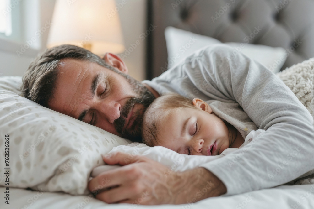 A man and a baby are sleeping together on a bed. The man is holding the baby's hand and is looking at the baby. Scene is peaceful and loving A man and a baby are sleeping together on a bed. The man is holding the baby's hand and is looking at the baby. Scene is peaceful and loving