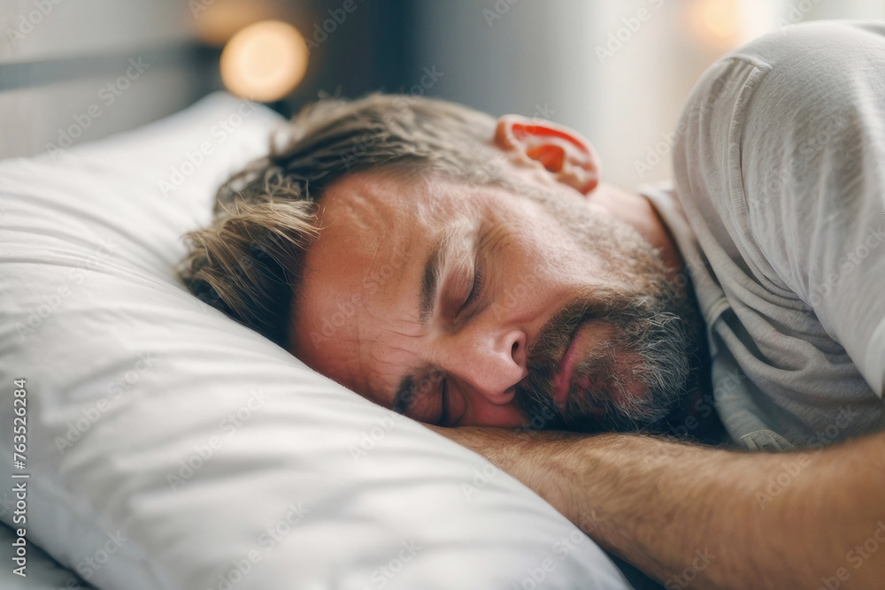 A man with a beard is sleeping on a white pillow