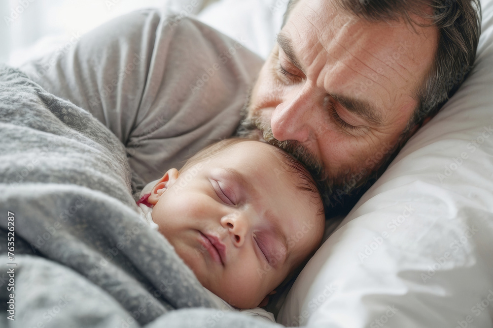A man and a baby are sleeping together on a bed. The man is holding the baby's hand and is looking at the baby A man and a baby are sleeping together on a bed. The man is holding the baby's hand and is looking at the baby