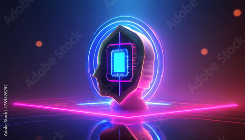 
Illustration of artificial intelligence and machine learning. Head with chip and artificial intelligence in neon colors. 4K illustration.