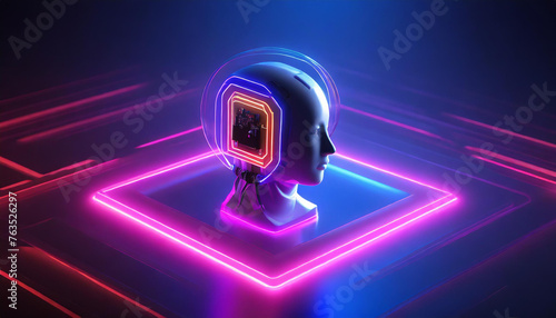 
Illustration of artificial intelligence and machine learning. Head with chip and artificial intelligence in neon colors. 4K illustration.