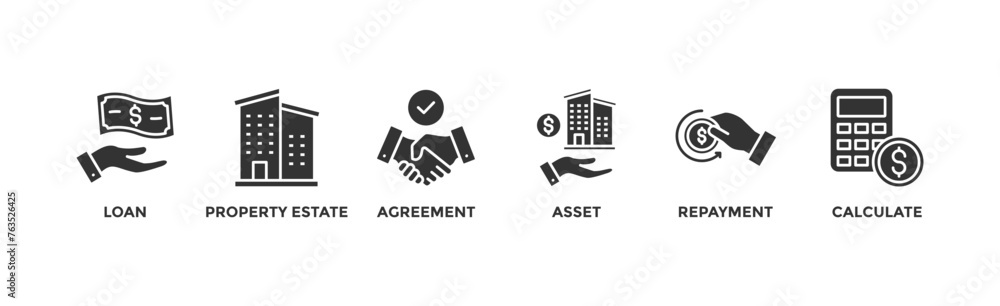 Mortgage banner web icon vector illustration concept with icon of loan, property estate, agreement, asset, repayment and calculate	
