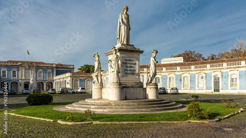 Lisbon, Portugal. 11 December 2023. Marble statue of Queen Maria, with the robes and the laurel wreath of Minerva, protector of Arts and Letters. Dona Maria I Palácio de Queluz. 