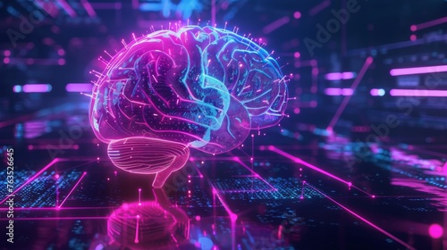 Artificial Intelligence Concept, Neon Glowing Futuristic Human Brain With Connection Dots