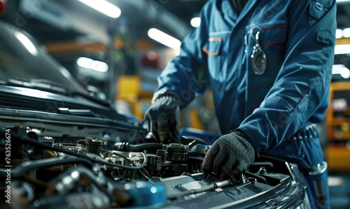 An auto mechanic working on car engine at garage workshop