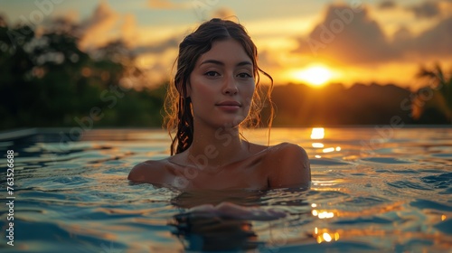 Woman Sitting in Pool Holding Drink