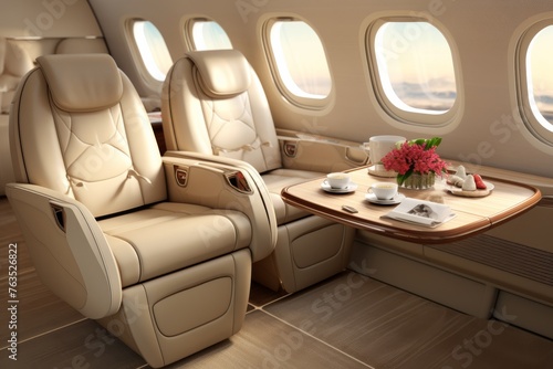 Table With Flowers Beside Airplane Seat