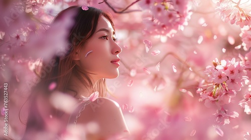 A woman is sitting under a tree with pink blossoms. The scene is serene and peaceful