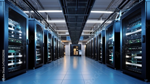 Depict a state of the art data center with rows of server racks  cooling systems  and redundant power supplies  