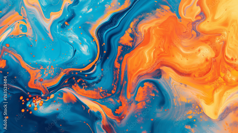 Abstract marbling oil acrylic paint background illustration art wallpaper, Orange and blue color with beautiful liquid fluid marbled paper texture banner painting texture.