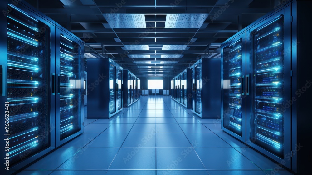 Depict a state of the art data center with rows of server racks, cooling systems, and redundant power supplies
Depict a state of the art data center with rows of server racks, cooling systems, and redundant power supplies