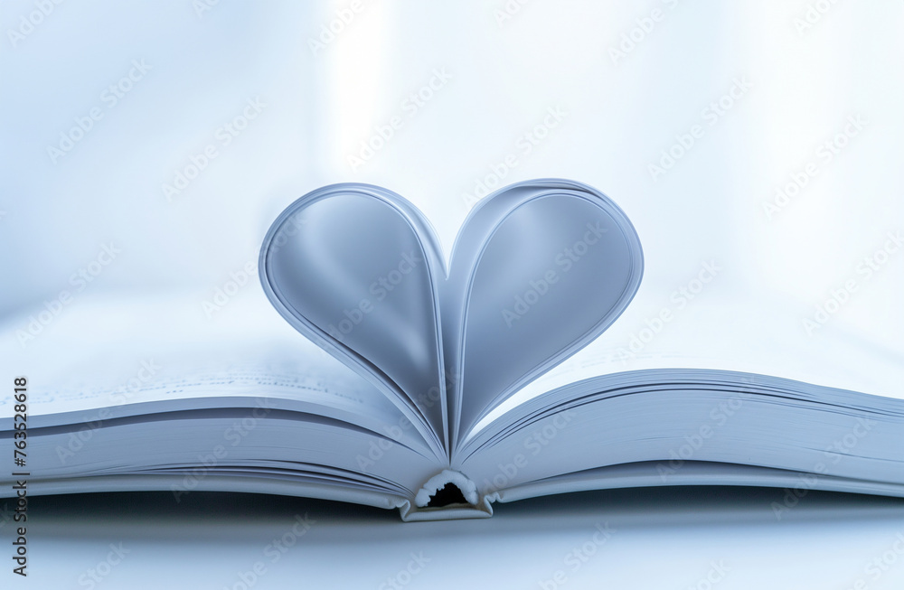 Open book with pages folded into a heart shape against minimalist white background. Love for reading and literature concept. Banner for World Book Day event with copy space. Open book with pages folded into a heart shape against minimalist white background. Love for reading and literature concept. Banner for World Book Day event with copy space.