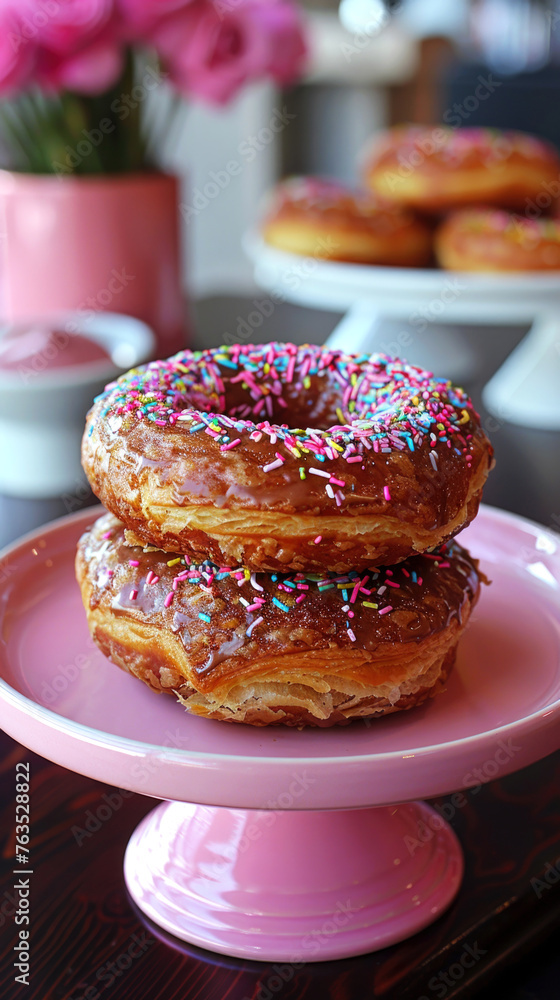 A cronut is a combination of a croissant and a doughnut, where the croissant dough is baked like a donut and is usually topped with a sweet glaze. A cronut is a combination of a croissant and a doughnut, where the croissant dough is baked like a donut and is usually topped with a sweet glaze.