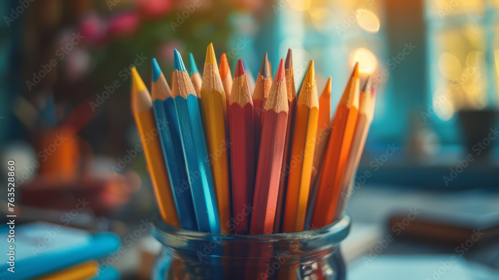 A jar of colored pencils on a desk A jar of colored pencils on a desk