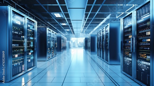 Depict a state of the art data center with rows of server racks, cooling systems, and redundant power supplies 