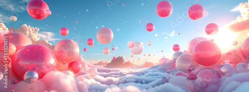 Colorful balloons in a surreal 3D landscape with pink and aquamarine tones  creating a dreamy and joyful atmosphere. Suitable for celebrations and fantasy themes.