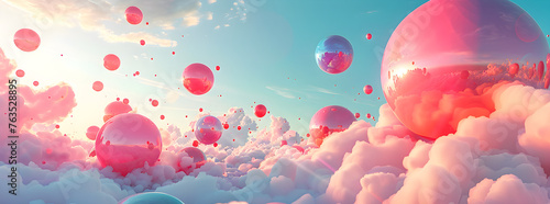Colorful balloons in the sky, resembling a surreal 3D landscape with pink and aquamarine tones. photo