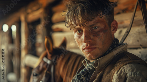 Young dirty-faced man in a rustic barn environment