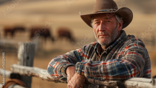 Mature cowboy with cattle in background