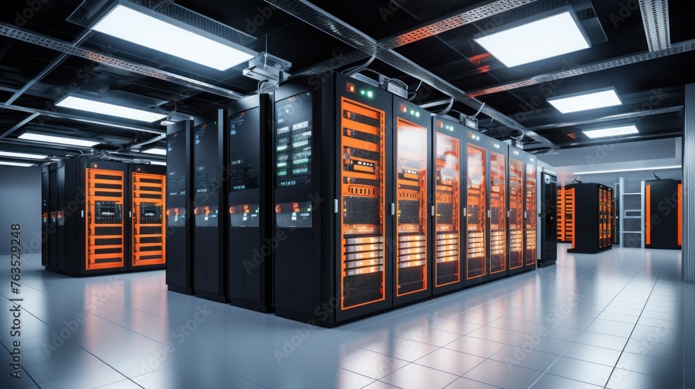 Depict a state of the art data center with rows of server racks, cooling systems, and redundant power supplies
Depict a state of the art data center with rows of server racks, cooling systems, and redundant power supplies