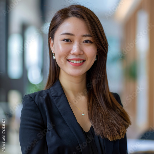 Smiling Asian businesswoman 20-30 years old, active business woman against the background of her office