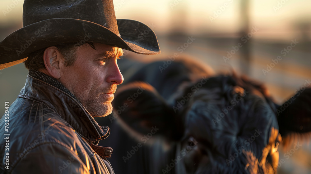 Man in cowboy hat with cattle at sunset.