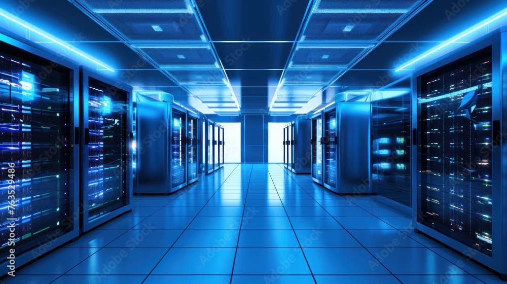 Fototapeta premium Depict a state of the art data center with rows of server racks, cooling systems, and redundant power supplies 