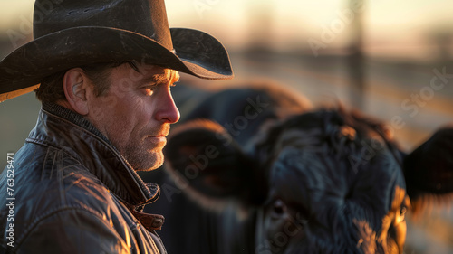 Man in cowboy hat with cattle at sunset.